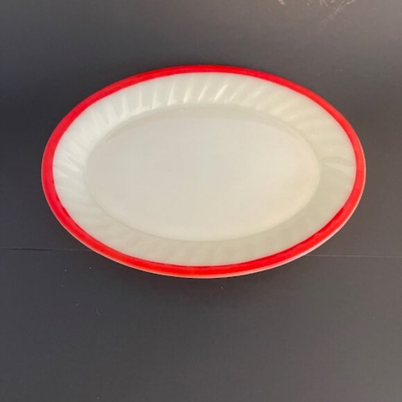 Vintage Fire King Oval Serving Platter – 12" x 9" Swirl Sunrise Milk Glass with - Picture 2 of 4